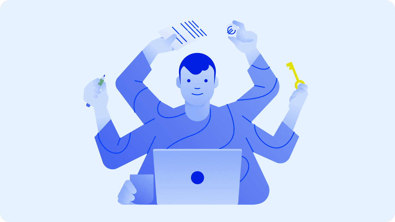 Man behind a laptop getting a lot of things done illustration