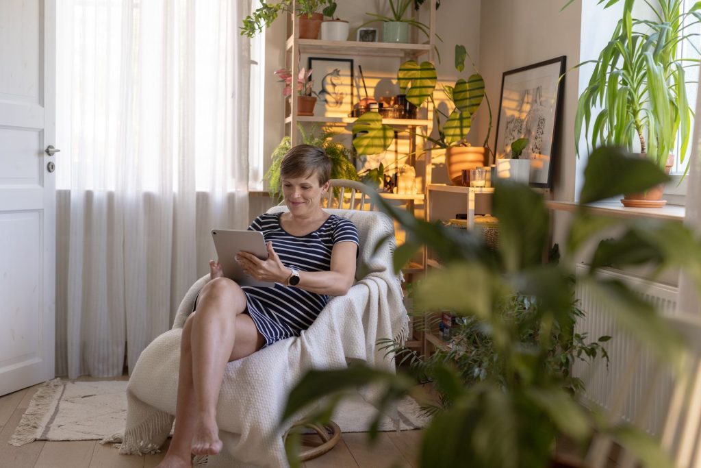 Woman working from home on tablet