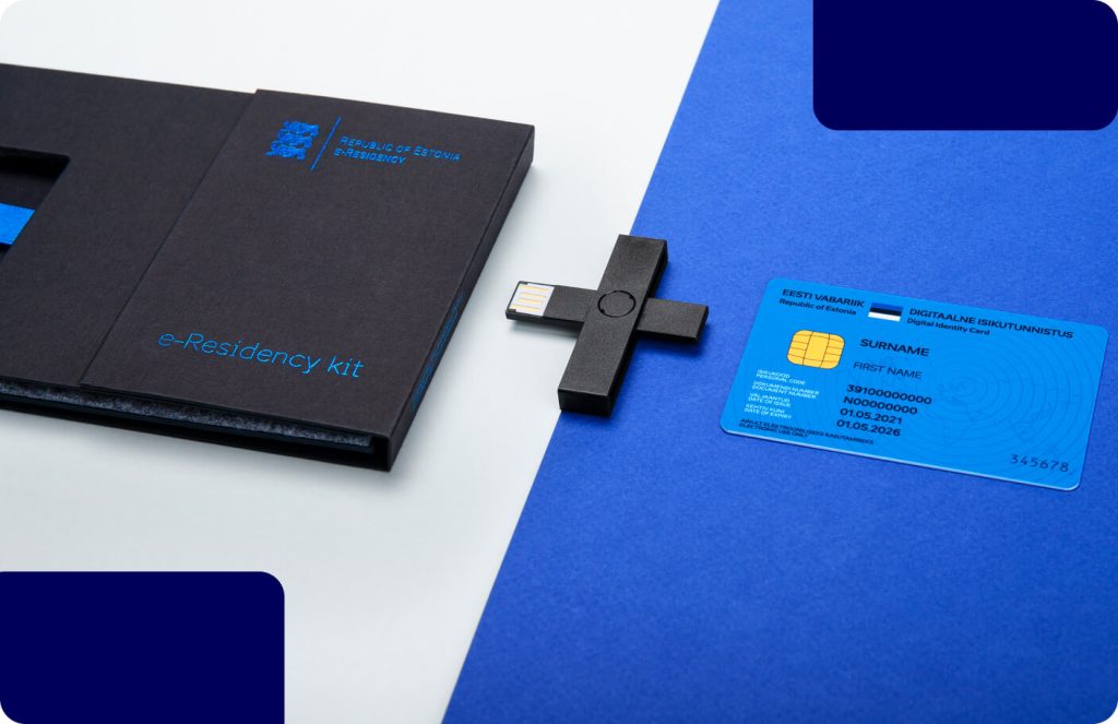 e-Residency kit, card reader and e-Residency card laid out on the table