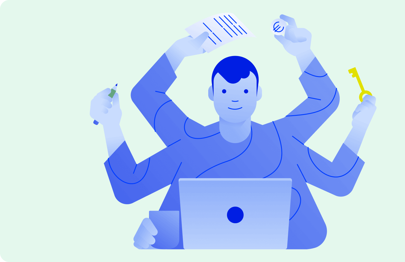 Person achieving a lot in front of laptop with multiple hands illustration