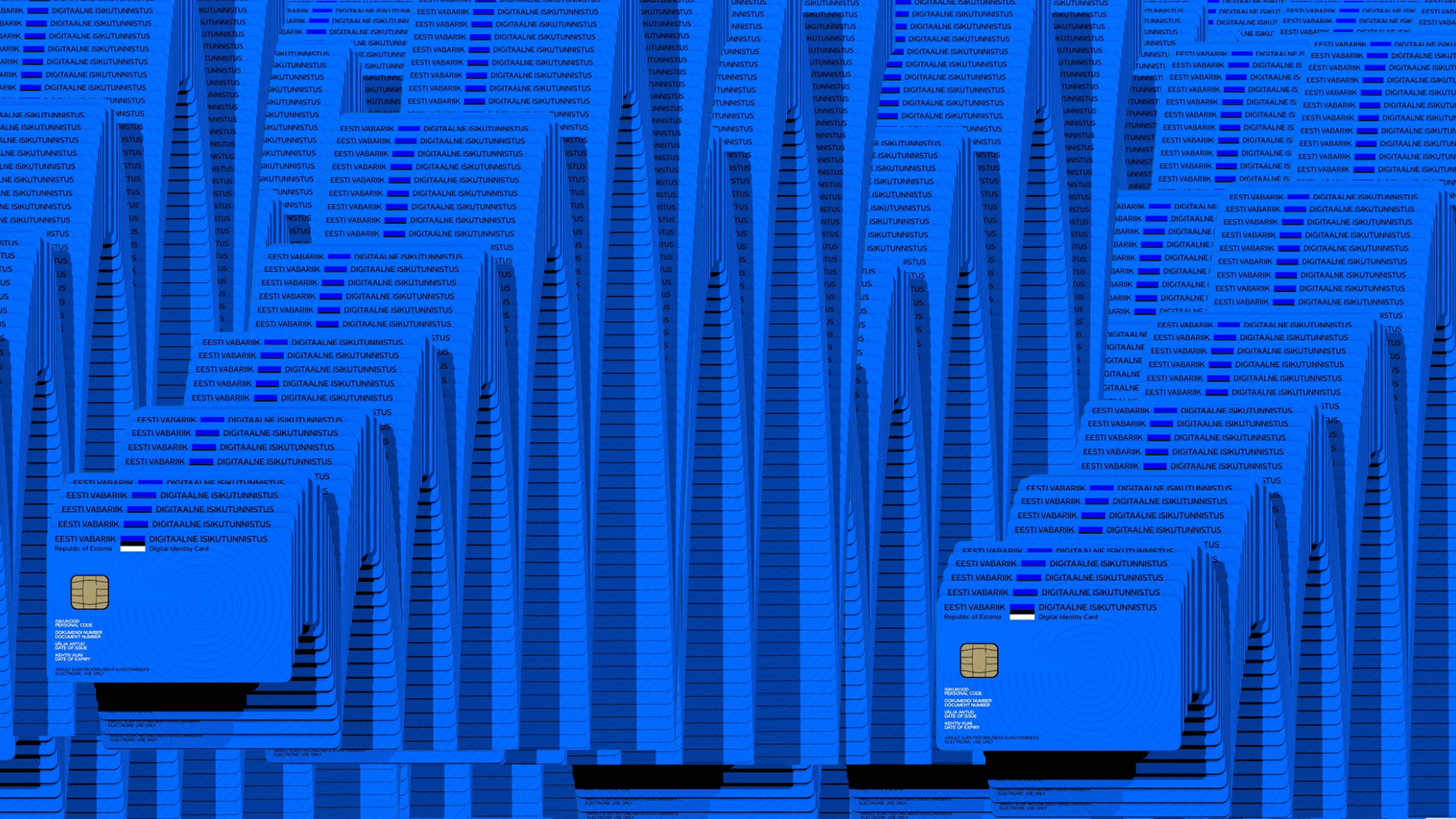 e-Residency cards cascading like the ending of solitaire