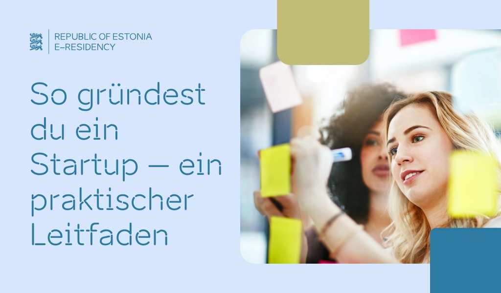 Eine Grafik, die zwei Frauen beim Brainstorming zeigt, und der Text „So gründest du ein Startup - ein praktischer Leitfaden“