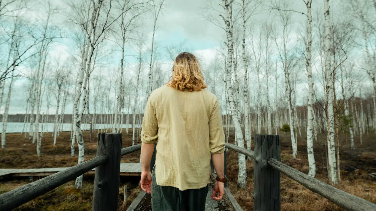 A man walking in a birchwood forest