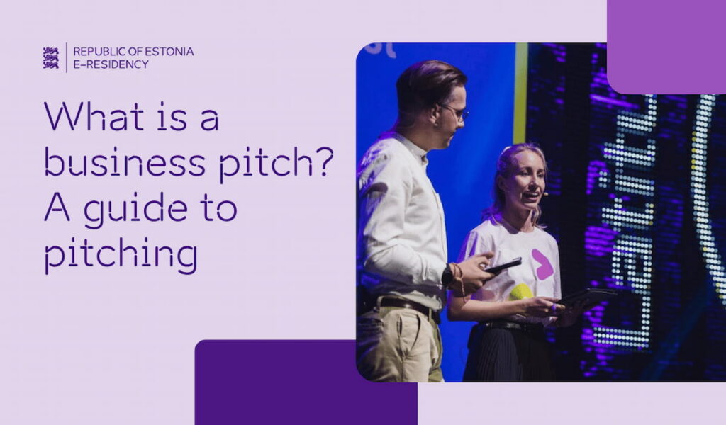 A photo of a person pitching on stage with the text "What is a business pitch? A guide to pitching"